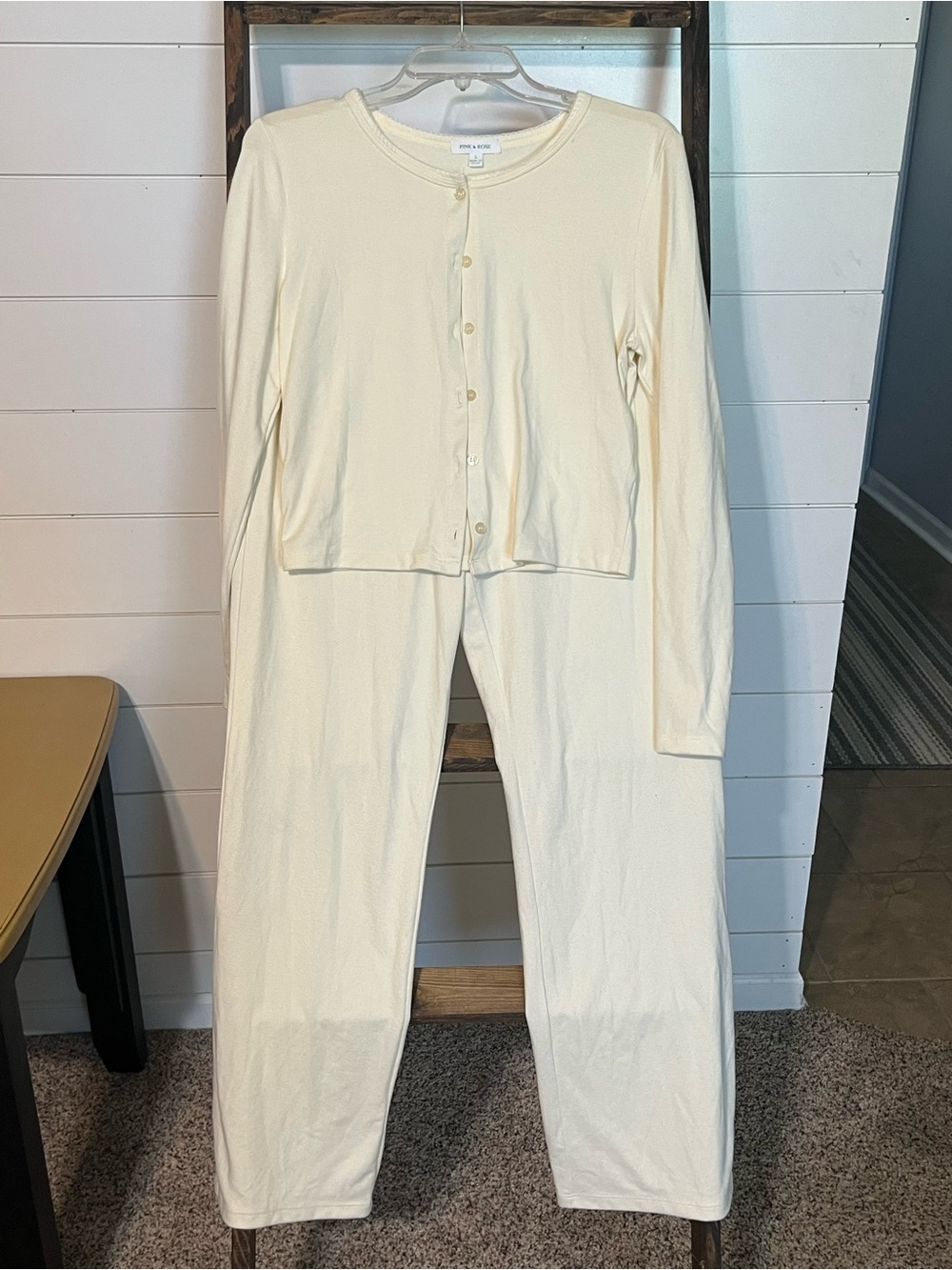 Pink Rose Cream Long Sleeve Button Pajama Set